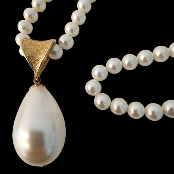Vintage Sarah Coventry pearl necklace with pearl pendant teardrop gold - Picture 4 of 16